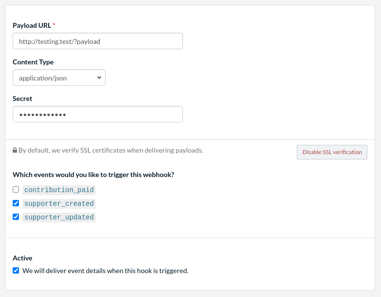 Form to manage a webhook